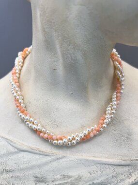 Vintage Angel Skin Coral & Pearl Torsade Necklace